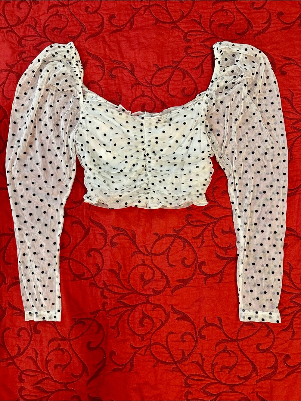 Divided Sheer White Polka Dot Ruched Crop Top